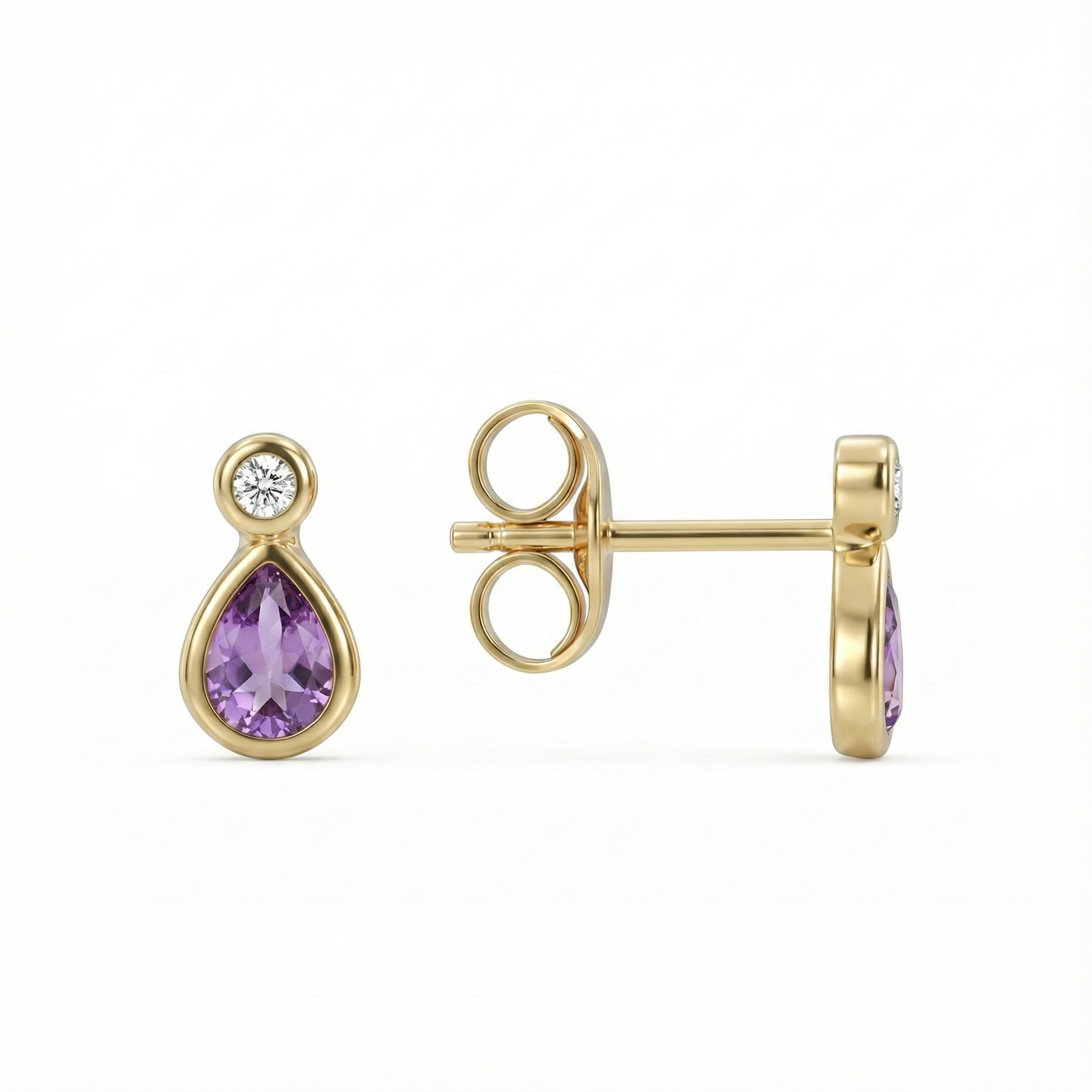 Boucles d’oreilles puces goutte dorées or 18k avec pierre violette style améthyste et zircon blanc